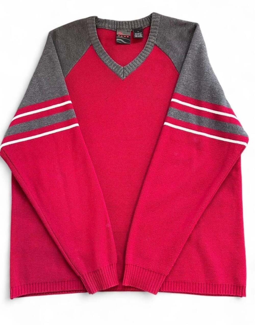 Vans V-Neck Sweater Size L Red Gray Stripe Knit Pullover